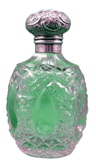 An antique faceted glass vial glowing with a pale green liquid
