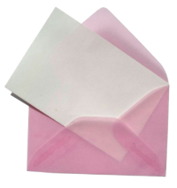 A white notecard in a sheer pink envelope